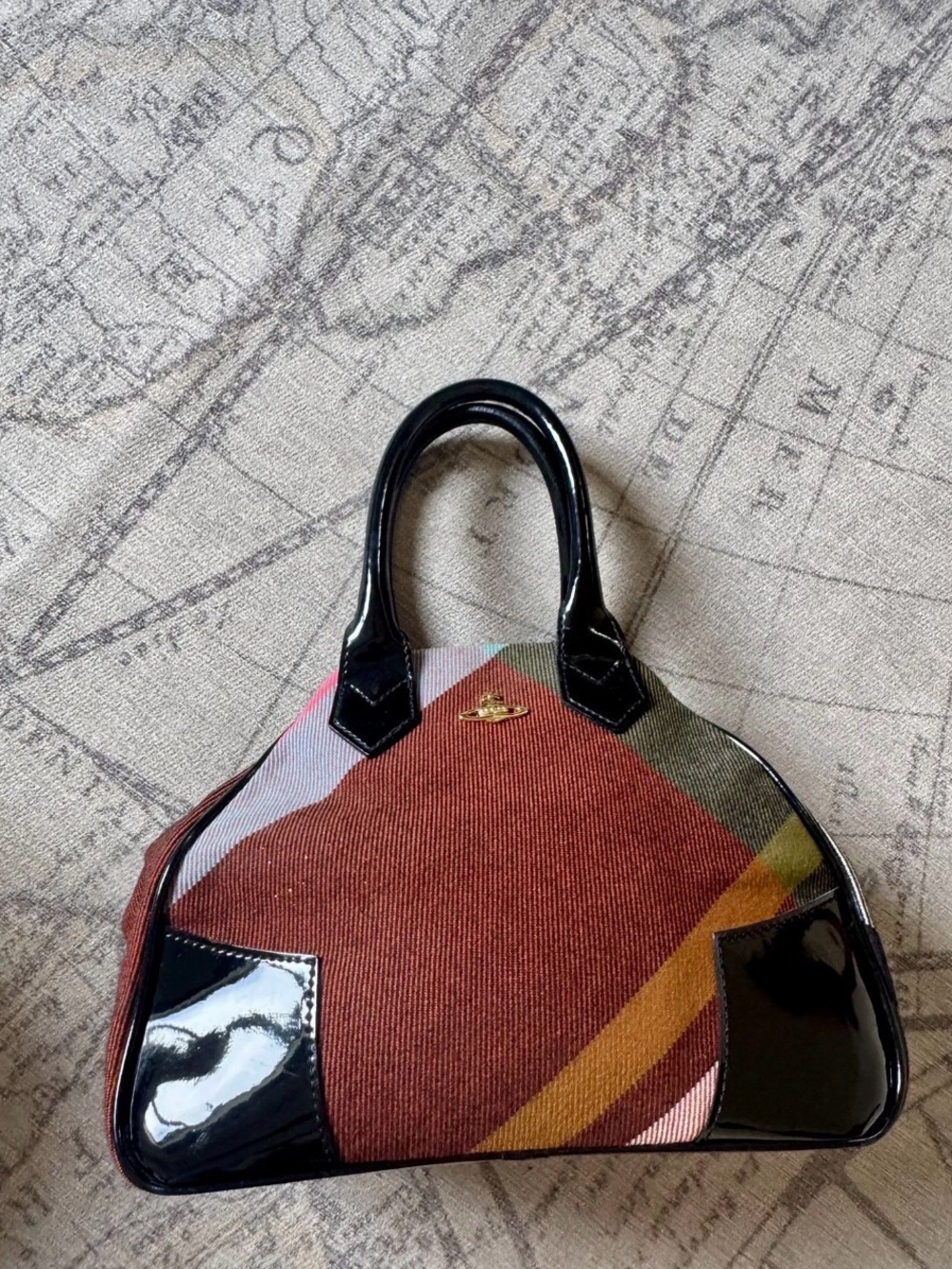 RARE Vivienne Westwood VINTAGE Plaid Canvas Handbag w Black Patent Trim - Picture 2 of 10